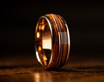 Guitar String & Whiskey Barrel Mens Wedding Rose Gold Band, Enagagement Anniversary Tungsten Wooden Inlay Promise Ring For Him, Husband Gift