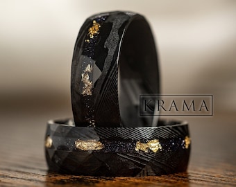 Nebula Damascus & Crushed Gold Leaf Flakes Man Wedding Black Hammered Cosmos Band , Galaxy Anniversary Engagement Promise Ring For Him Gift