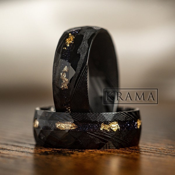 Nebula Damascus & Crushed Gold Leaf Flakes Man Wedding Black Hammered Cosmos Band , Galaxy Anniversary Engagement Promise Ring For Him Gift