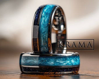 Blue Ocean | Wedding Silver Band with Blue Sandstone Nebula Inlays, Cosmos & Ocean Anniversary Engagement Promise Ring For Him Best Gift