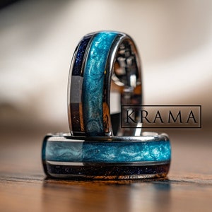 Blue Ocean | Wedding Silver Band with Blue Sandstone Nebula Inlays, Cosmos & Ocean Anniversary Engagement Promise Ring For Him Best Gift