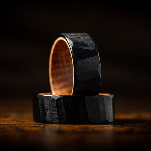 Black Whiskey Barrel Mens Hammered Ring, Man Wood Wedding Band, Engagement Anniversary Promise Tungsten Ring Unique Father Day Gift For Him