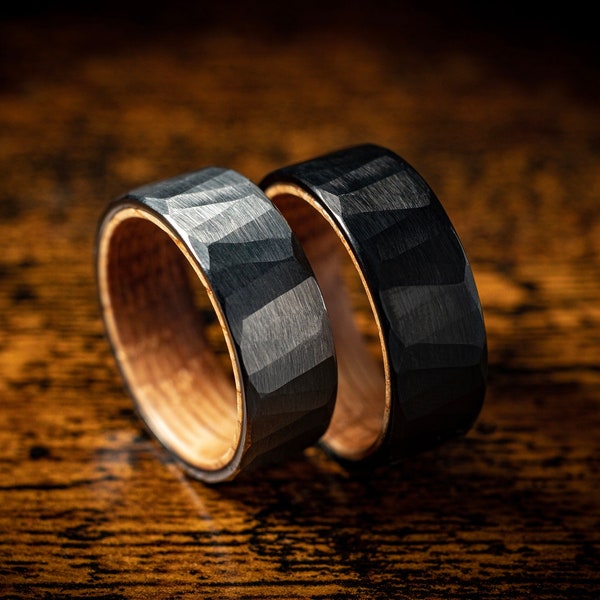 Black & Silver Whiskey Barrel Mens Hammered Ring / Man Wood Wedding Band / Engagement Anniversary Promise Tungsten Ring Unique Gift For Him