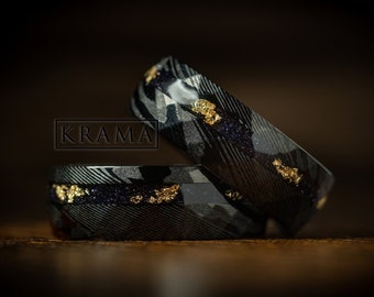 Damascus Nebula & Crushed Gold Leaf Flakes Man Wedding Black Hammered Cosmos Band , Galaxy Anniversary Engagement Promise Ring For Him Gift