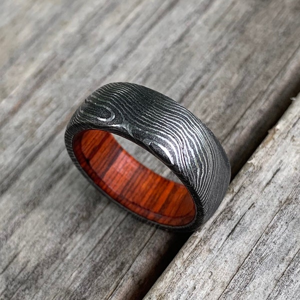 Damascus Ring / Man Ring / Man Wedding Ring / Man Promise Ring Damascus Steel Ring Man Ring Wood Inlay Ring Engagement Ring Man Wedding Band