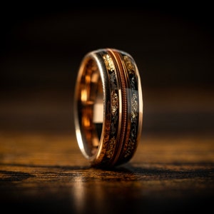 Guitar String & Meteorite with Gold Leaf Mens Wedding Rose Gold Band, Enagagement Anniversary Tungsten Promise Ring For Him, Husband Gift