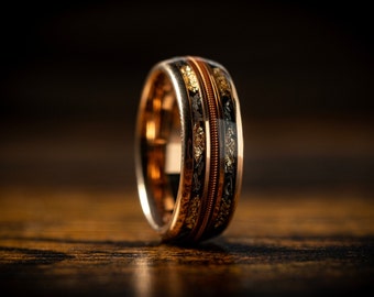 Cuerda de guitarra y meteorito con hoja de oro para hombres boda banda de oro rosa, anillo de promesa de tungsteno de aniversario de compromiso para él, regalo de marido