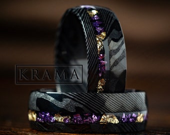 Damascus Purple Amethyst & Gold Leaf Flakes Mens Wedding Hammered Steel Band, Anniversary Engagement Promise Galaxy Unique Gift Ring For Him