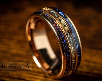 Meteoriet & Crushed Gold Leaf Man Wedding Rose Gold Band met blauwe zandsteen inleg, Galaxy Anniversary Engagement Promise Ring voor hem cadeau