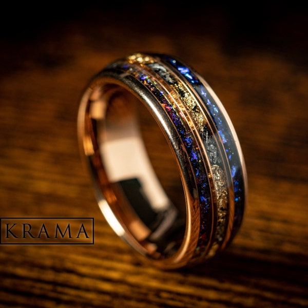 Meteorite & Crushed Gold Leaf Man Wedding Rose Gold Band with Blue Sandstone Inlays, Galaxy Anniversary Engagement Promise Ring For Him Gift