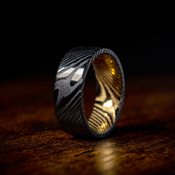 Damascus Black & Gold Steel Man Ring / Mens Wedding Band Anniversary Engagement Marriage Promise Ring For Him Valentines Day Gift Husband