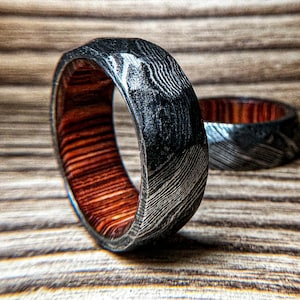 Mens Damascus Steel Hammered Ring, Mens Wedding Brutal Band, Best Jewelry Valentines Gift for Him Husband Father Son Anniversary Wooden Band