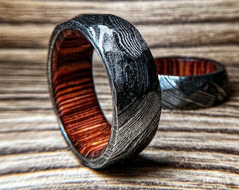 Mens Damascus Steel Hammered Ring, Mens Wedding Brutal Band, Best Jewelry Valentines Gift for Him Husband Father Son Anniversary Wooden Band