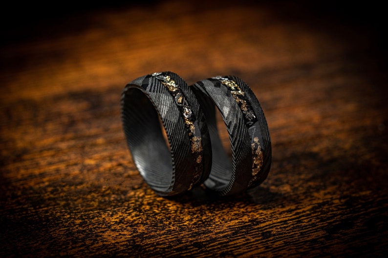 Damascus Meteorite & Crushed Gold Leaf Man Wedding Black Steel Hammered Band, Cosmos Anniversary Engagement Promise Inlay Ring For Him Gift image 2