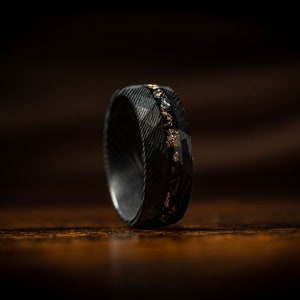 Damascus Meteorite & Crushed Gold Leaf Man Wedding Black Steel Hammered Band, Cosmos Anniversary Engagement Promise Inlay Ring For Him Gift image 5