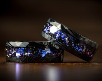 Nebula | Damascus Blue Sandstone & Meteorite Mens Wedding Black Steel Hammered Band, Anniversary Engagement Promise Galaxy Ring For Him Gift