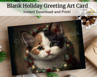 Blank Art Card, Merry Christmas Kitten, Digital Download, Calico Cat, Unique Holiday Cards, Foldable Cat Lover Card, Last Minute