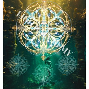 May include: A digital art print featuring a golden geometric mandala with a blue and white center, surrounded by a green underwater scene with a mermaid figure and fish. The text "Light Alchemy" is written in a stylized font.