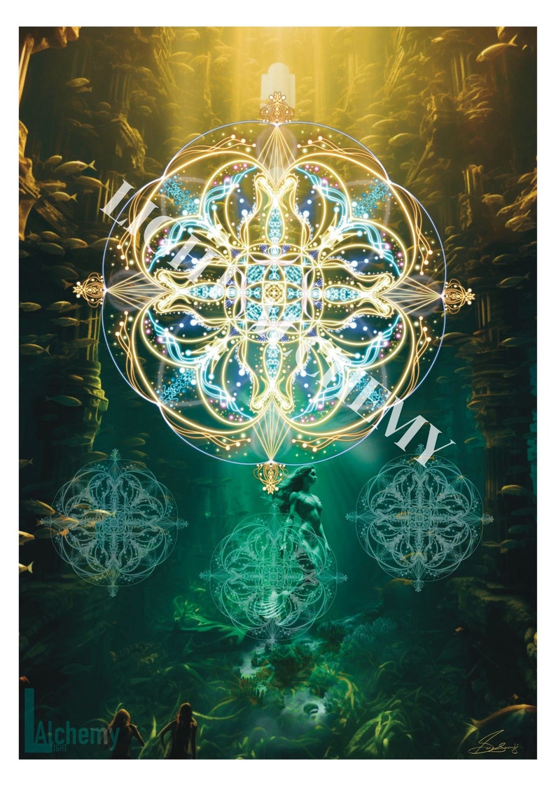 May include: A digital art print featuring a golden geometric mandala with a blue and white center, surrounded by a green underwater scene with a mermaid figure and fish. The text "Light Alchemy" is written in a stylized font.
