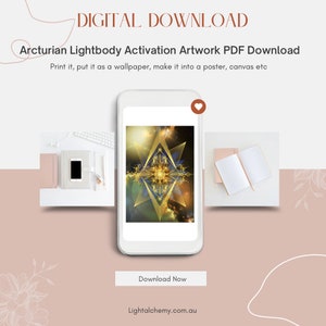 Könnte beinhalten: Digitaler Download eines Arcturian Lightbody Activation Artwork PDF. Das Kunstwerk zeigt ein geometrisches Design mit einem goldenen Stern in der Mitte, umgeben von einem blauen und grünen Hintergrund. Der Text "Jetzt herunterladen" und "Lightalchemy.com.au" ist ebenfalls sichtbar.