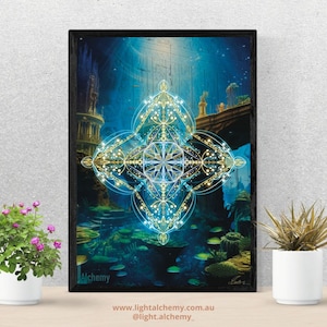 Op de afbeelding: Een ingelijste print van een digitaal kunstwerk met een geometrisch patroon in tinten blauw en goud. Het patroon is geplaatst tegen een achtergrond van een onderwater scène met koraalriffen en vissen. De tekst "Alchemy" staat onderaan de print.