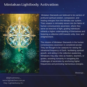 May include: A colorful geometric mandala with a gold and yellow color scheme. The text "Mintakan Lightbody Activation" is at the top of the image. The text "Mintakan Starseeds are believed to be carriers of profound spiritual wisdom, compassion, and healing energies from the Mintaka star system. Their mission is intricately woven into the fabric of human consciousness ascension, where they serve as beacons of light, guiding individuals towards a higher understanding of themselves and fostering a collective shift towards unity, love, and enlightenment." is in the upper right corner of the image. The text "The mission of Mintakan Starseeds in the human consciousness ascension is considered pivotal. They are thought to be catalysts for raising the vibrational frequency of Earth, facilitating spiritual growth, and aiding in the collective awakening. Mintakans may play roles as healers, teachers, or guides, assisting humanity in navigating the challenges of ascension by anchoring higher frequencies and promoting harmonious energies." is in the lower right corner of the image. The text "@light.alchemy_ www.lightalchem.com.au Etsy: Lightalchemy AU" is at the bottom of the image.