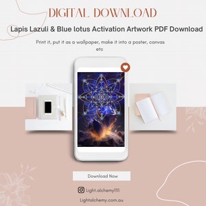 May include: Digital download of a blue and gold geometric artwork with a lapis lazuli and blue lotus theme. The artwork is set against a background of a mountain range and a starry sky. The text "Digital Download" is at the top of the image, and the text "Lapis Lazuli & Blue lotus Activation Artwork PDF Download" is below it. The text "Print it, put it as a wallpaper, make it into a poster, canvas etc" is below that. The text "Download Now" is at the bottom of the image, along with a social media handle and website address.