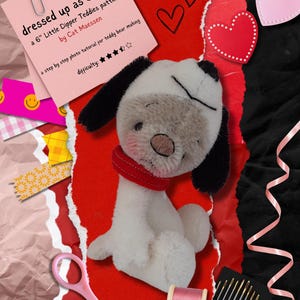 May include: A step-by-step photo tutorial for making a 6-inch plush Snoopy teddy bear. The tutorial is rated with four out of five stars for difficulty. The image shows a finished Snoopy teddy bear, sewing supplies, and a pink note with the title "dressed up as Snoopy".
