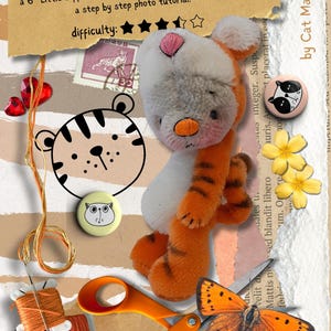 May include: A handmade plush Tigger toy, inspired by Winnie the Pooh, with orange and black stripes. The toy is 15 cm tall and is shown with a step-by-step photo tutorial for making it. The difficulty level is rated with four out of five stars.