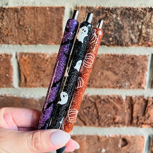 Fall pens, Halloween pens, pumpkin pen, ghost pen, October pens, fall themed glitter pens, witchey pens, fall decor.