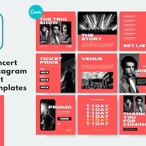 May include: Nine Instagram post templates for a concert. The templates feature a red background with black and white text and images. The templates include information about the concert, such as the band name, the date, the time, the venue, and the ticket price. The templates also include a promo code for a discount on tickets.