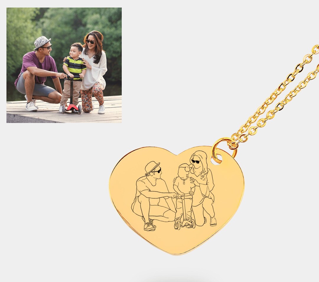 Family Photo Necklace Line Art Portrait Heart Necklace Beautiful ...