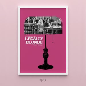 May include: A pink poster with a black silhouette of a lamp. The lampshade is a courtroom scene from the movie Legally Blonde. The text on the poster reads "A Metro Goldwyn Mayer Film Legally Blonde screenplay by Karen McCullah & Kirsten "Kiwi" Smith" and "Opt. 3".