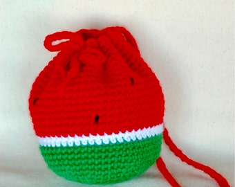 Crochet Watermelon Drawstring Bag, Crochet Purse, Handmade, Crochet Fruit Pouch, Free Shipping