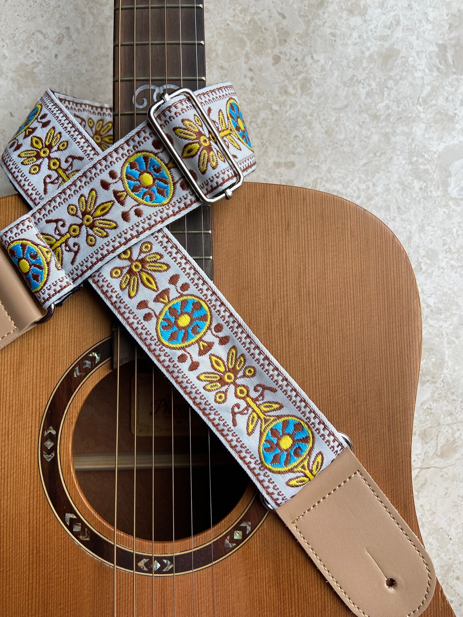 White Vintage Embroidered Guitar Strap for Guitar and Bass Etsy