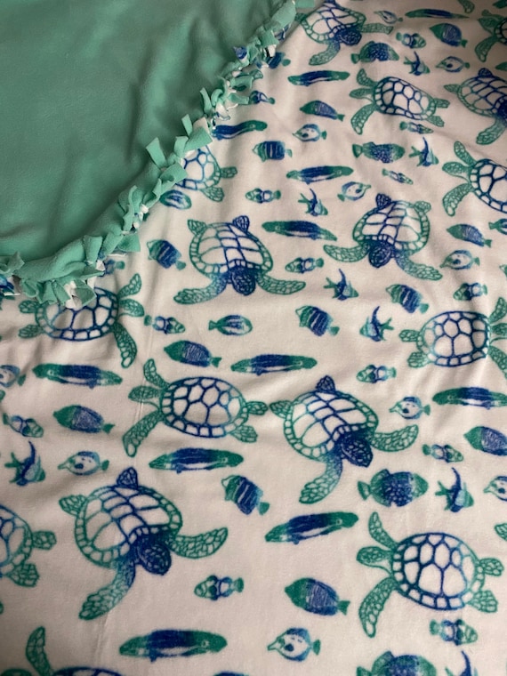 Sea Turtle child tie blanket. Cute ocean sea turtles and fish blanket. Super soft fleece kid blanket