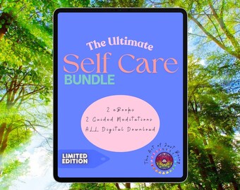 May include: A digital tablet displays "The Ultimate Self Care Bundle" with text indicating 2 eBooks and 2 guided meditations. The design features a blue background with pink text and a pink circle. "Limited Edition" is also displayed.