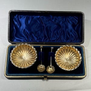 Antique Boxed Set of Silver Gilt Salts and Spoons