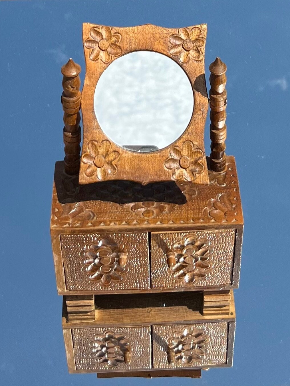 Unusual Miniature Hand Carved Mirror and Cupboard
