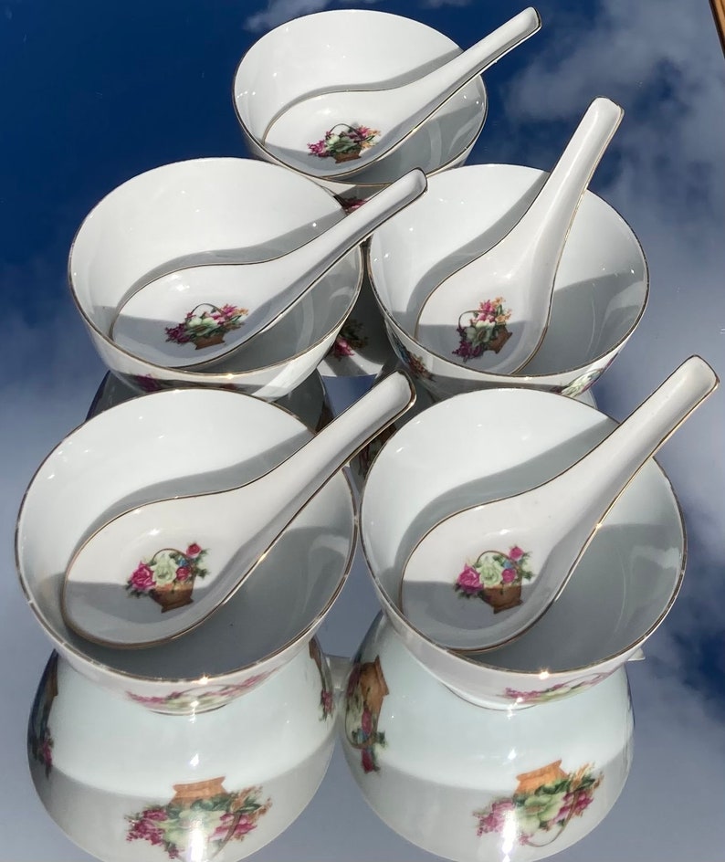 Five Floral Chinese Rice Bowls and Spoons Etsy