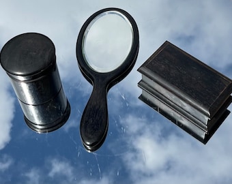 Ebony Set of Mirror Jewellery Box and Trinket Pot