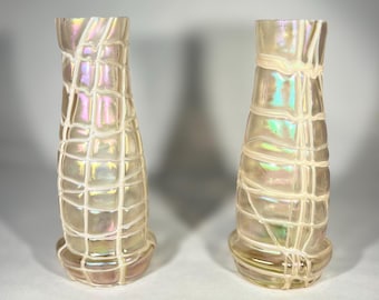 Antique Pair of Kralik White Veined Opalescent Vases