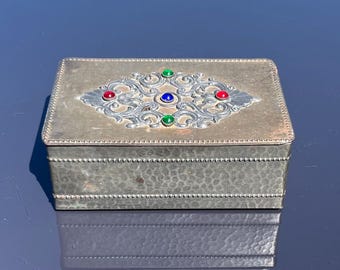 Vintage Hammered Tin Wood Lined Box with Glass Cabochons