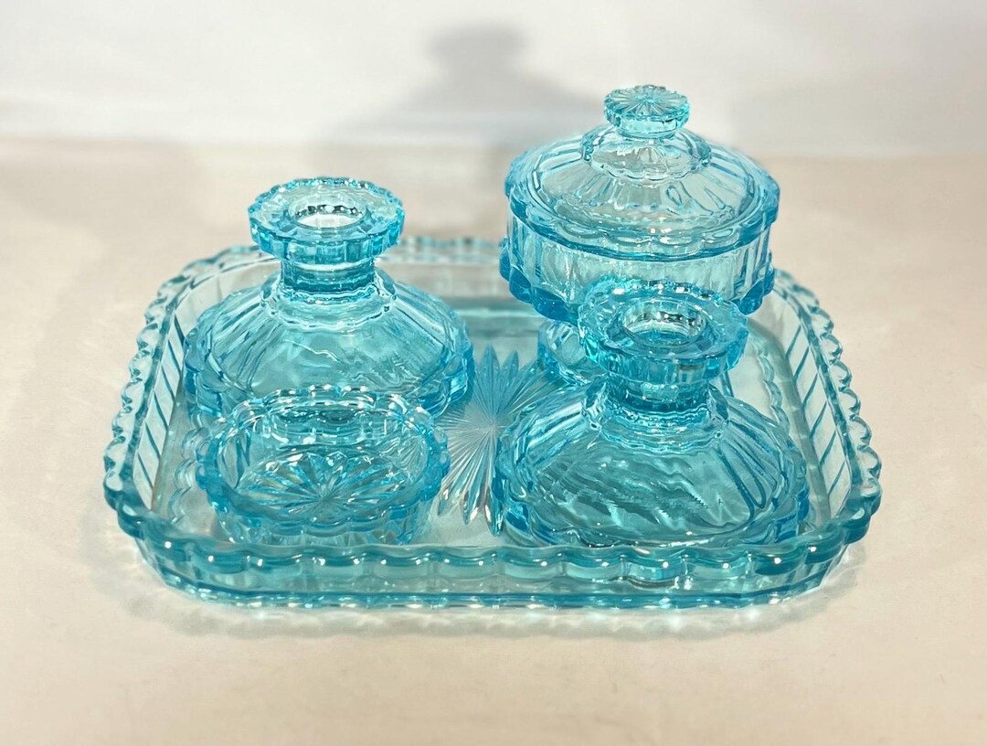 blue glass dressing table set Vintage Vanity Naomi Backless Mini Dress colour: multi-smudge-print-one-shoulder-asymmetric-cut-out-frill-hem-midi-dress COLOR:Bellwether Blue Rare blue Bohemian etched