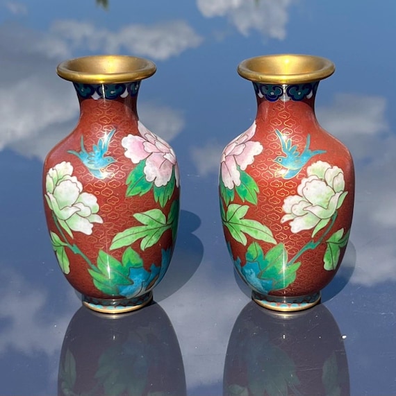 中国の七宝焼花瓶ペア 中国 ペア 中国美術 壺 花器 置物 台付き 箱入り