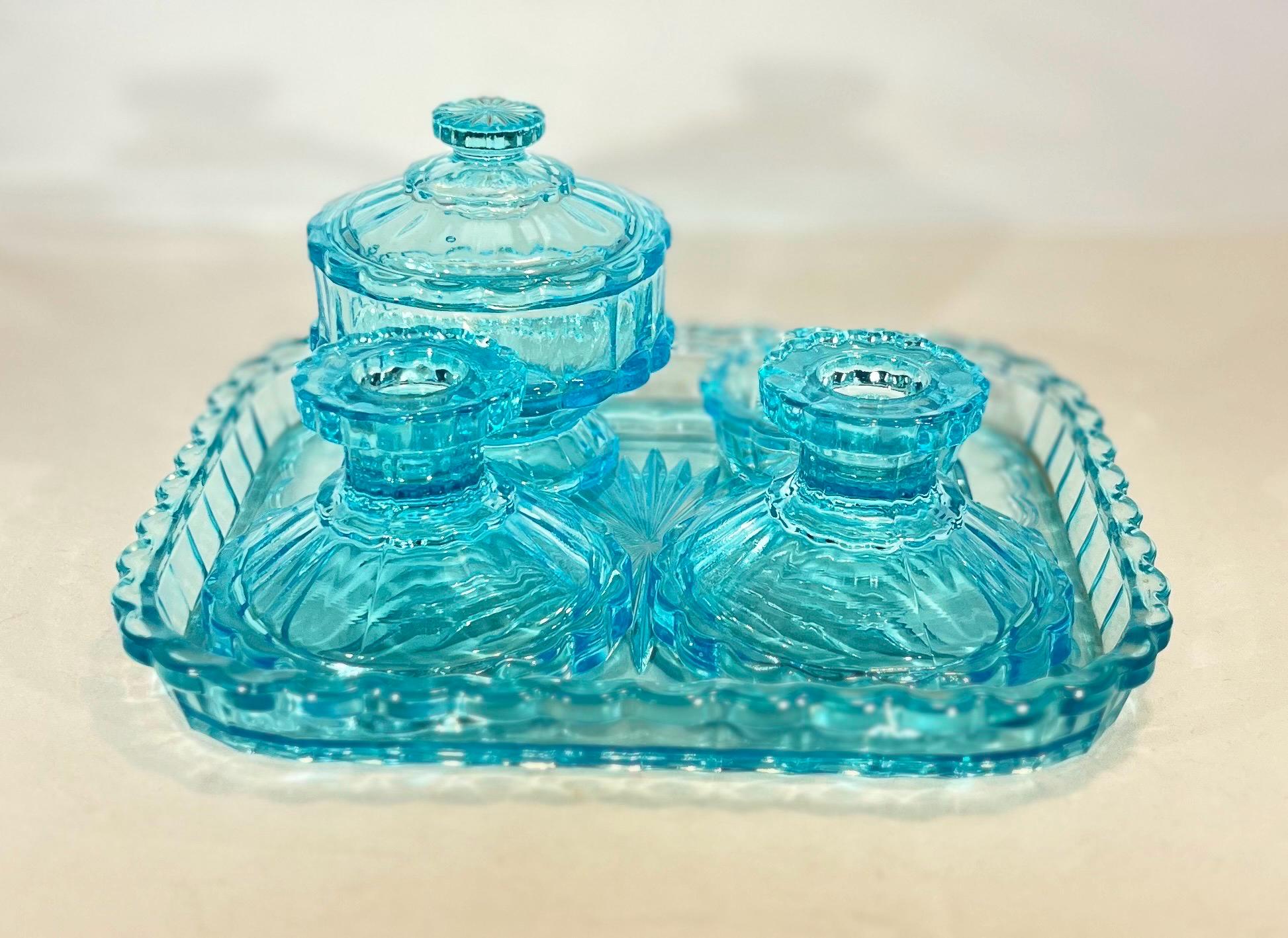 Vintage Blue Glass Dressing Table Vanity Set - Etsy