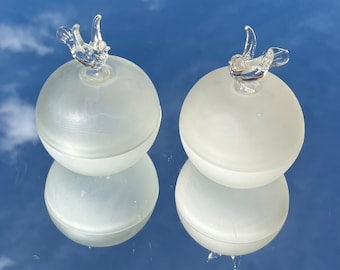 Pair of Vintage Handmade Frosted Glass Dressing Table Pots with Glass Birds