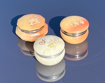 Three Vintage Italian Alabaster Trinket Pots with Floral Designs
