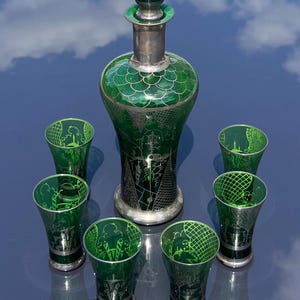 Vintage Venetian Green Glass with Silver Overlay Liqueur Decanter and Six Glasses