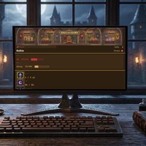 May include: A computer monitor displaying a game interface with the text "Hall of Glory" and player stats. A lit candle, keyboard, and quill pen are on a wooden desk. The background shows a castle through a window.